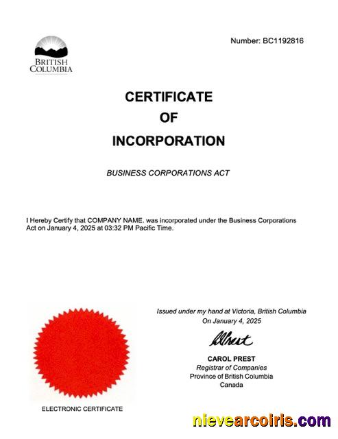 British Columbia certificate of incorporation, version 2